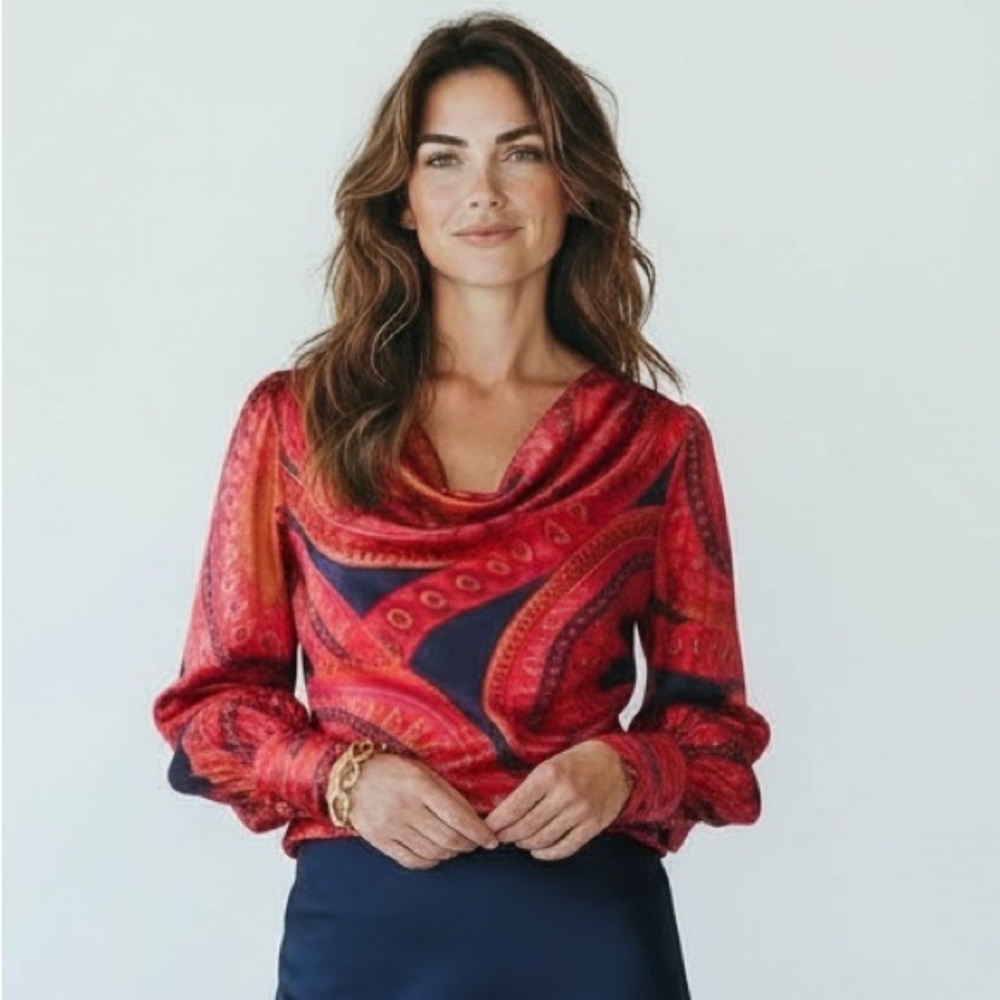 Tyler Boe Vibrant Red and Navy Cowl Neck Blouse